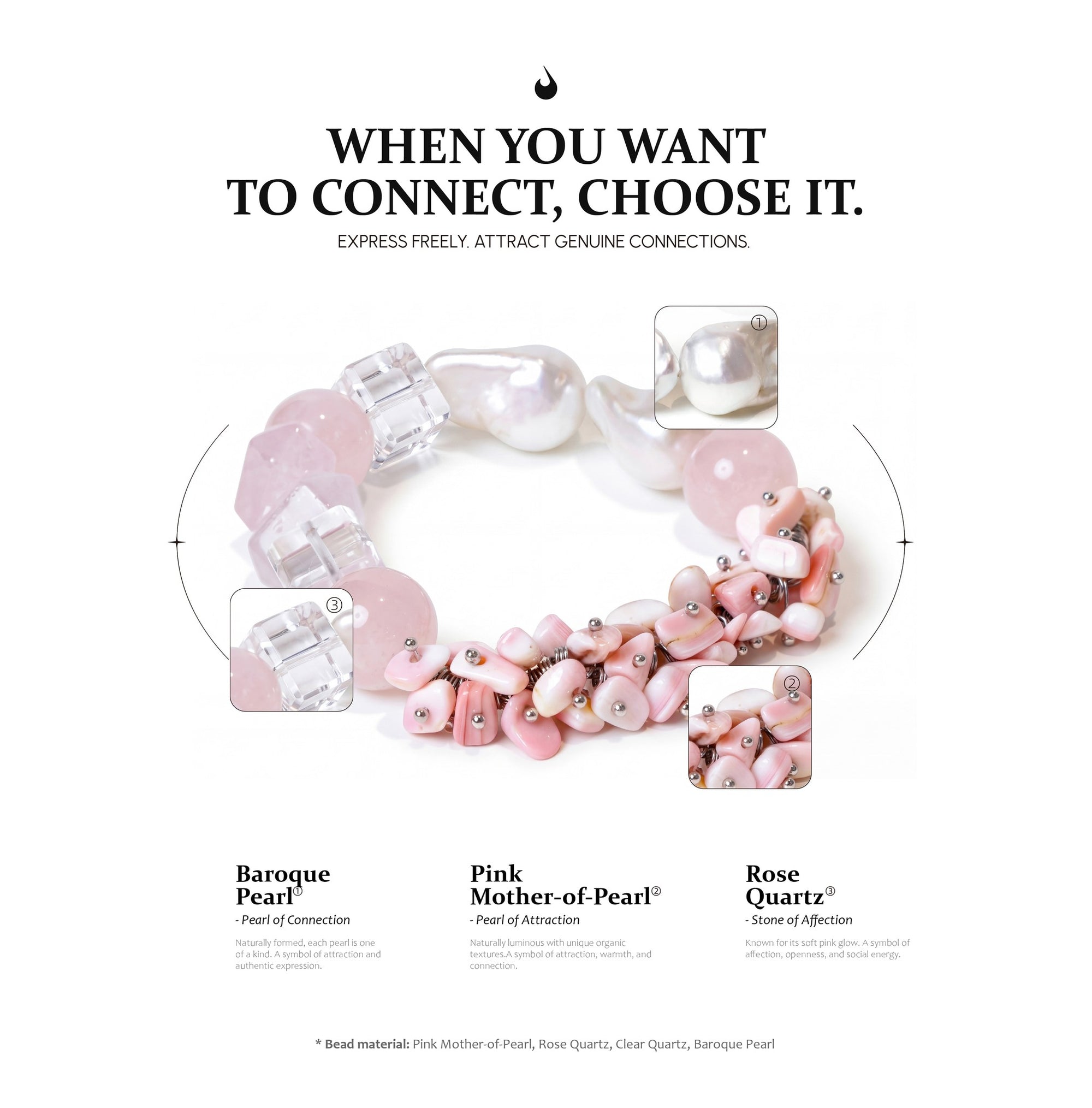 Pink pearl bracelet with text on a white background