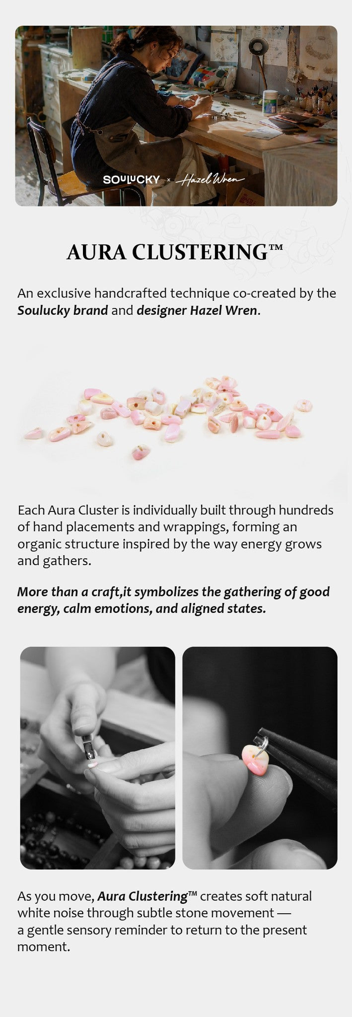Advertisement for Aura Clustering technique by Soudaky brand, featuring handwork and stone imagery.