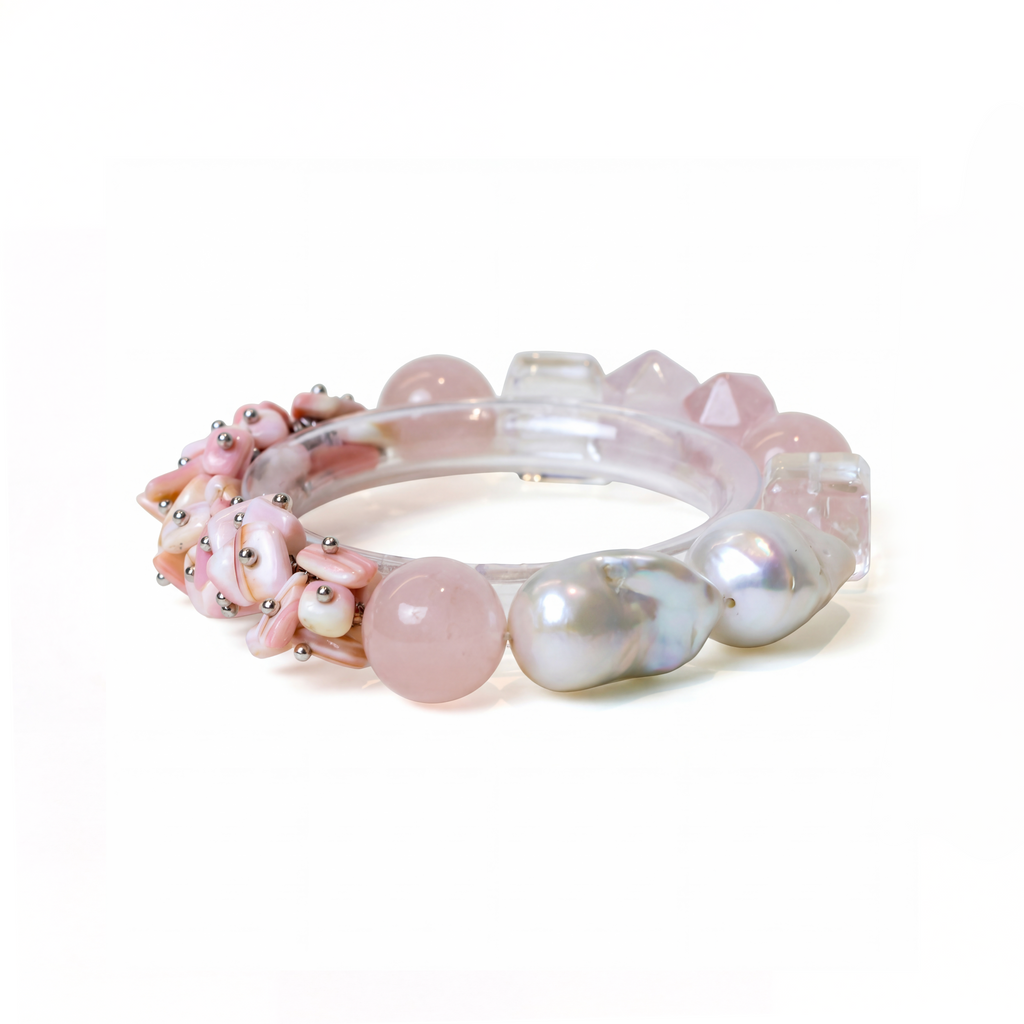 Fire | Open bracelet with pink rose quartz and pearl beads on white background