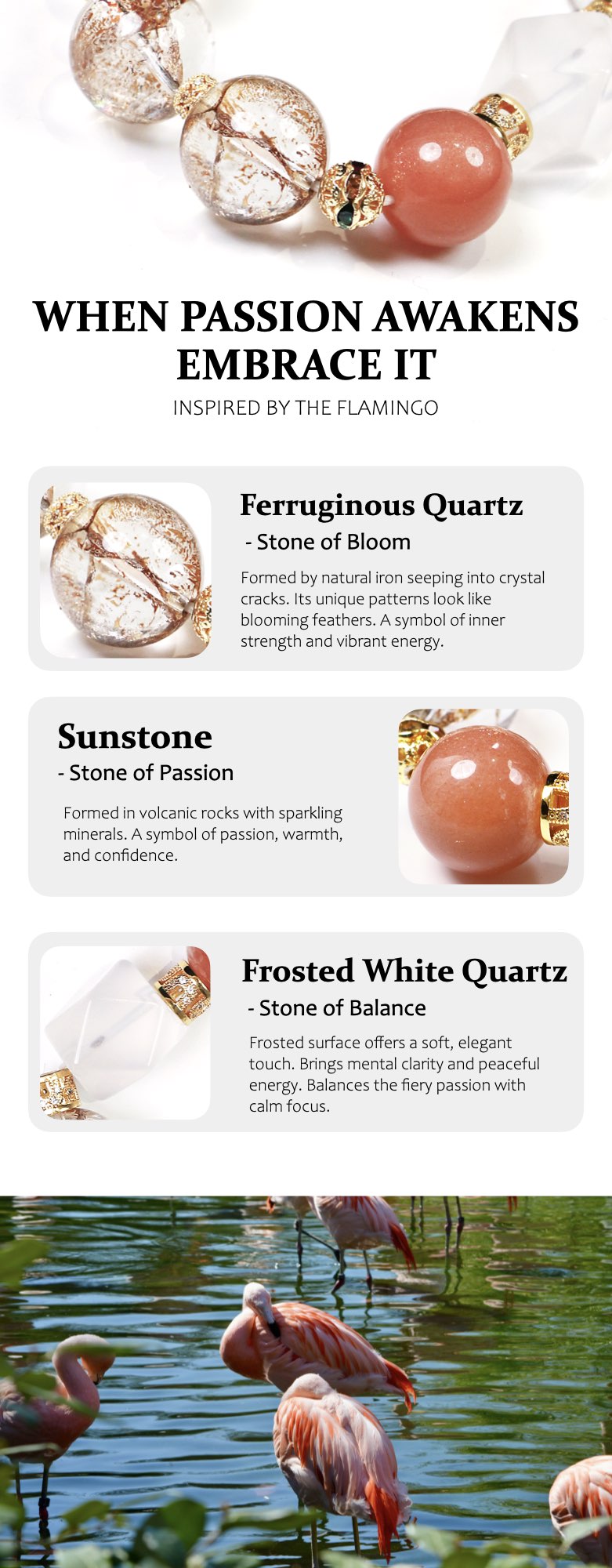 Jewelry with stones labeled as Ferruginous Quartz, Sunstone, and Frosted White Quartz, set against a flamingo and water background.