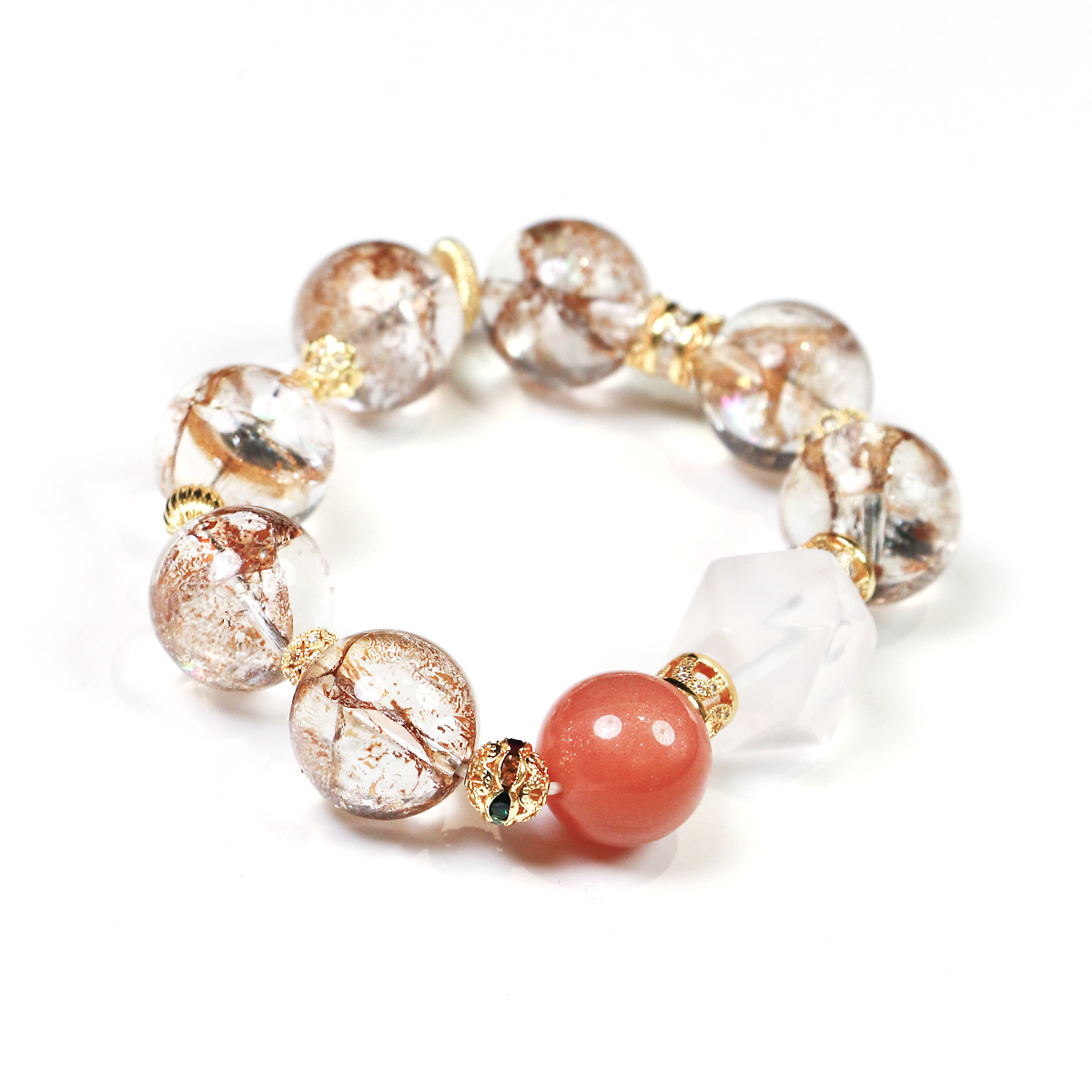 Close-up of elegant crystal beads on flamingo inspired bracelet
