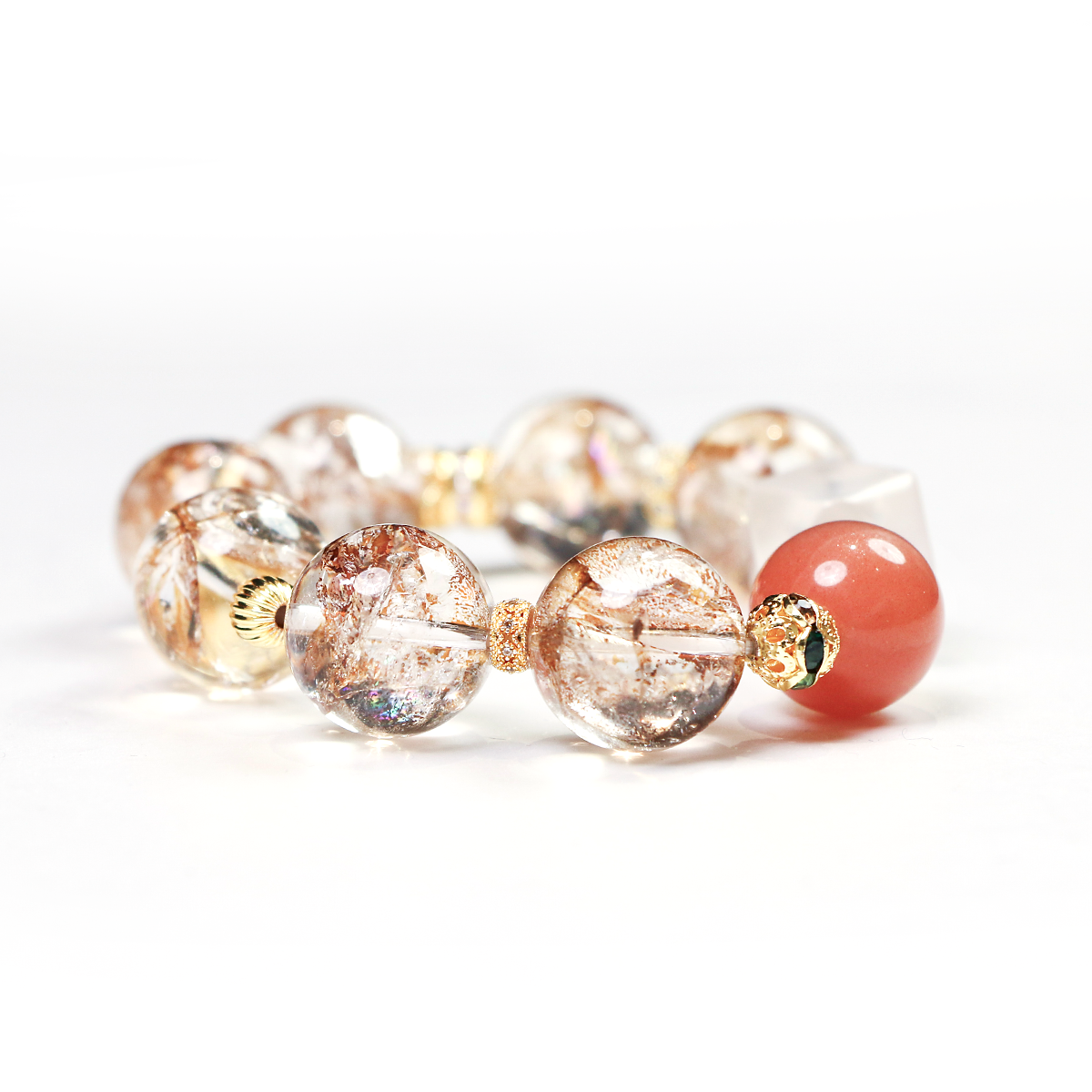 Close-up detail of beads on the Flamingo bracelet.
