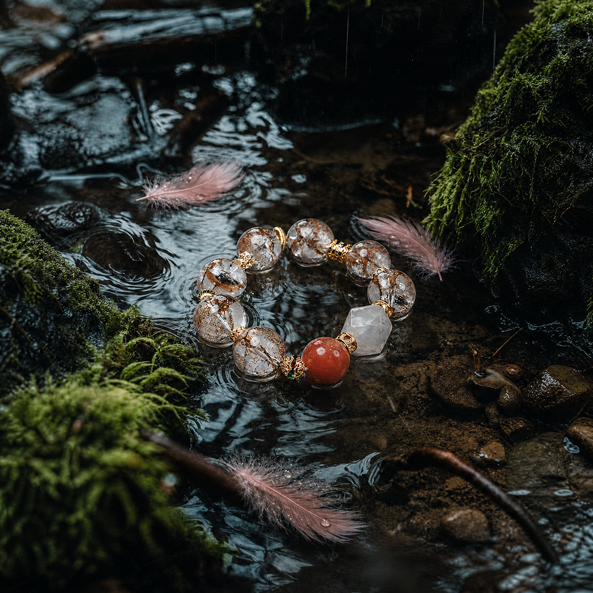 Flamingo bracelet with gemstones and red stone in a natural setting with water and moss