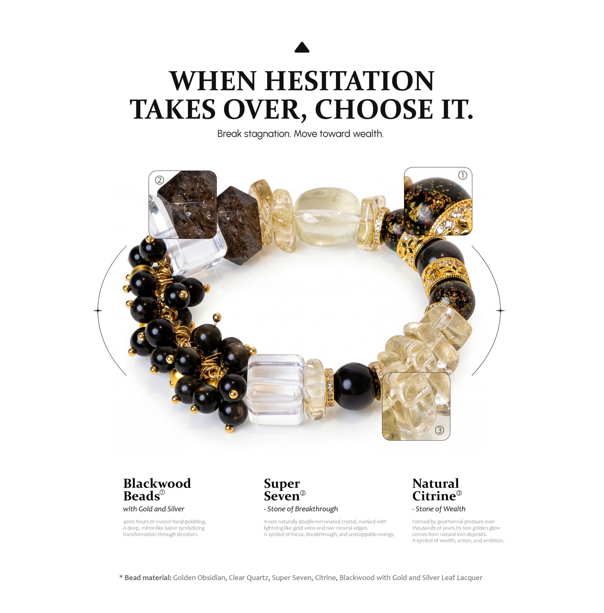 Bracelet with blackwood beads, Super Seven stones, and natural citrine on a white background with motivational text.
