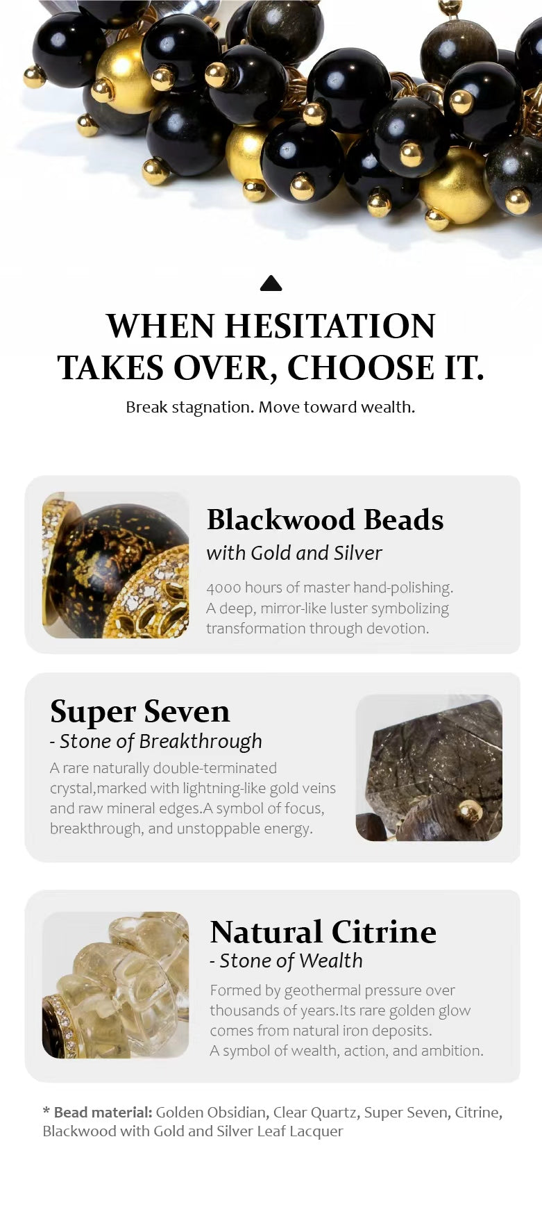 Blackwood beads with gold and silver on a white background with text about choosing between them.