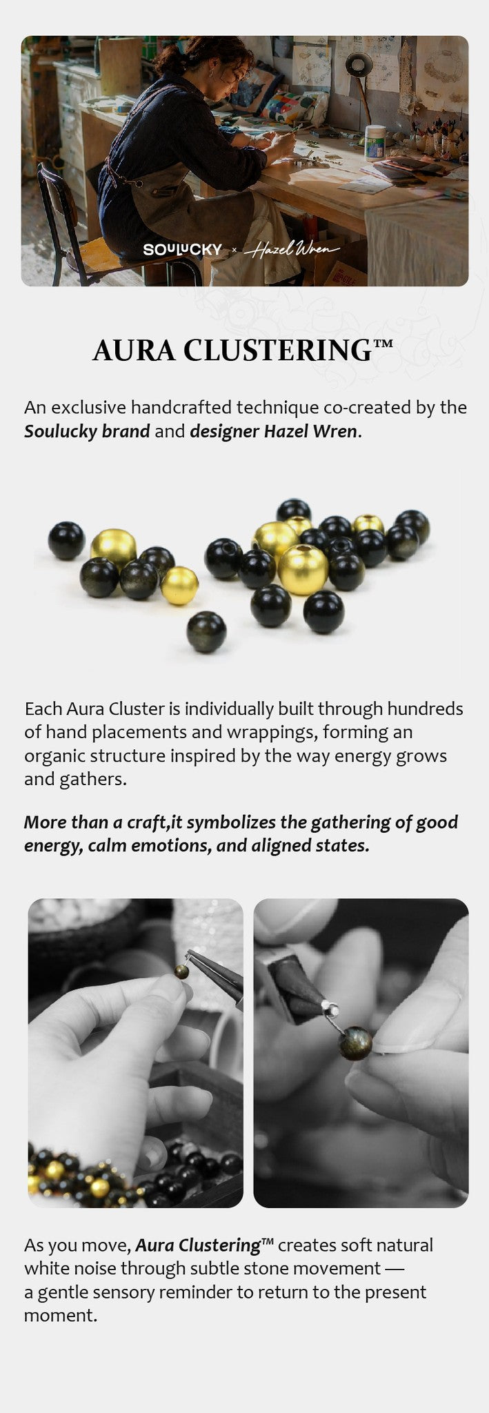 Advertisement for Aura Clustering technique by Sadekky brand with handcrafted stones and white noise description.