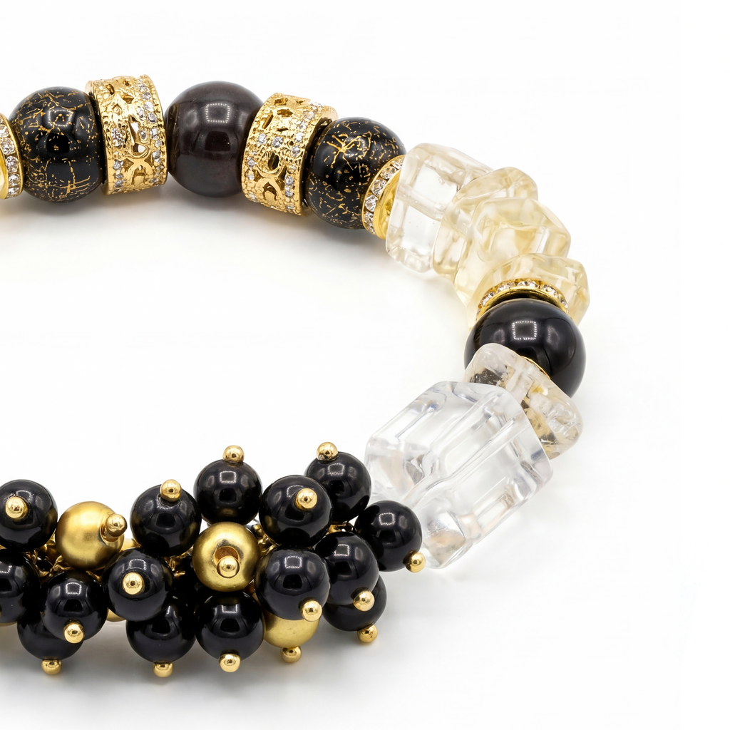 Close-up of Gold Edge bracelet showing golden obsidian and citrine beads