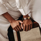 Model wearing the Gold | Edge handcrafted bracelet, styled with a crisp white button-down shirt for a sophisticated, professional look.