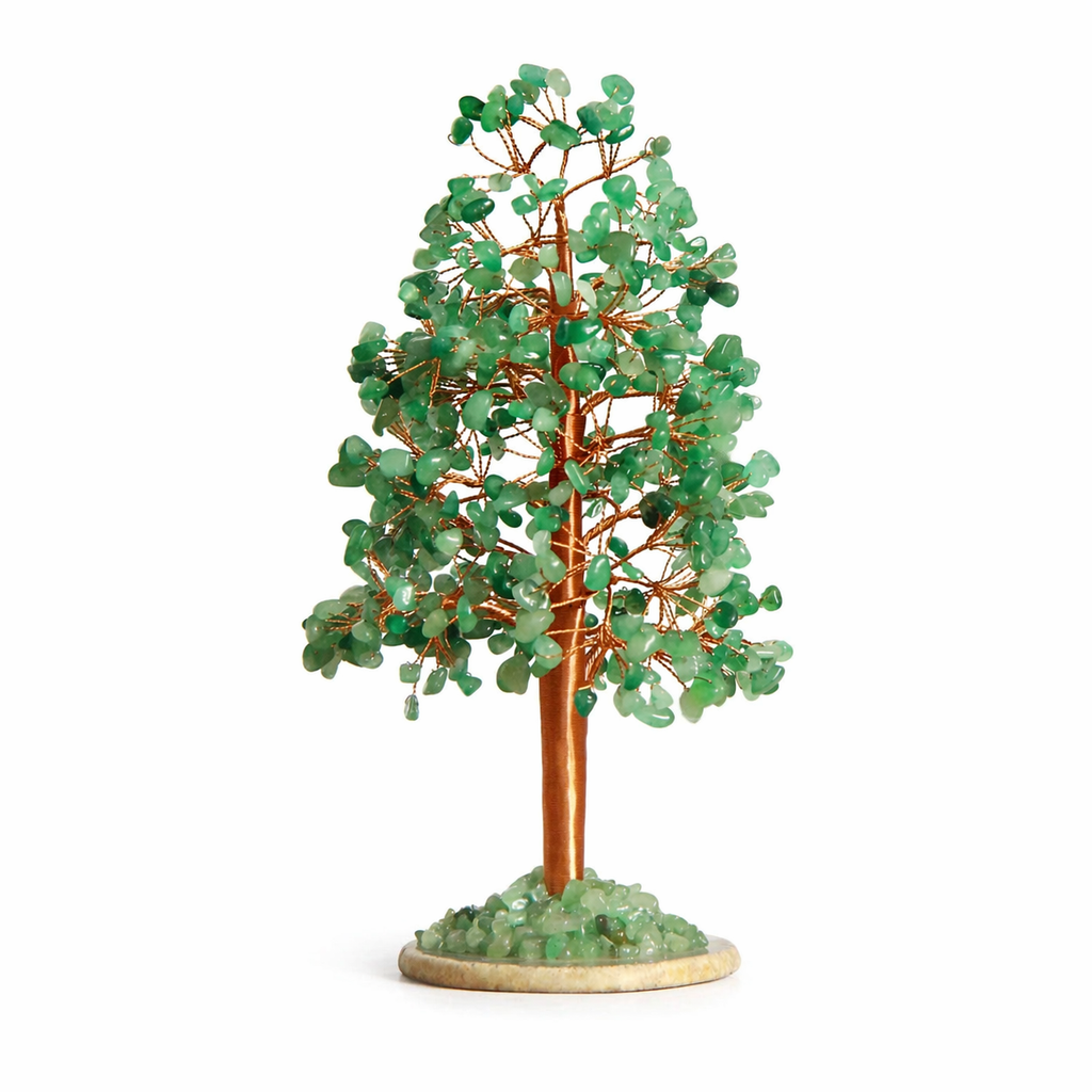 Green Aventurine crystal tree with copper wire branches on agate base in natural light