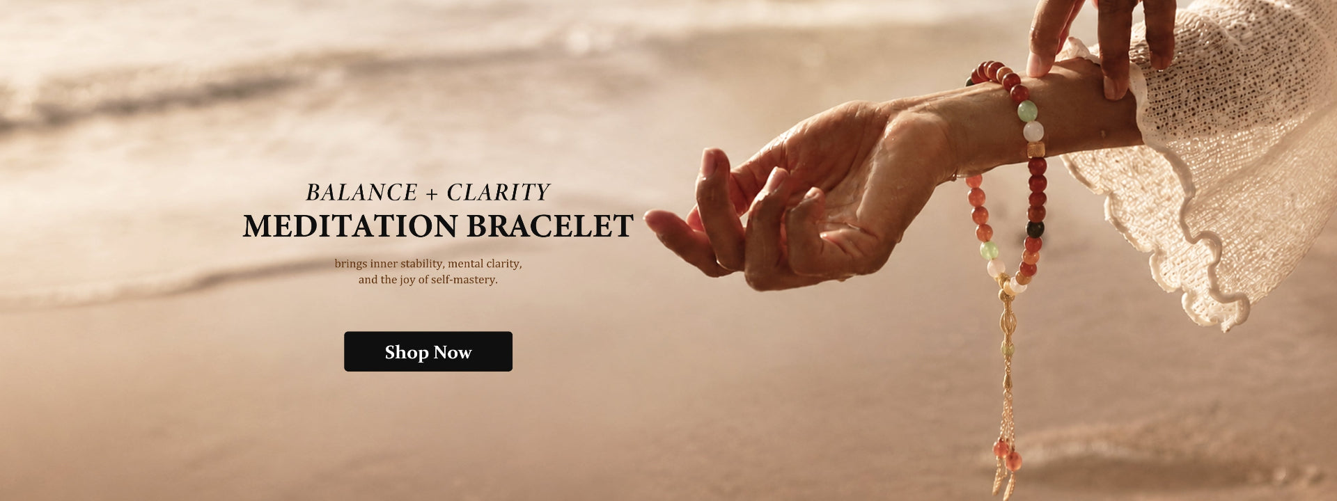 Meditation bracelet with a blurred beach background