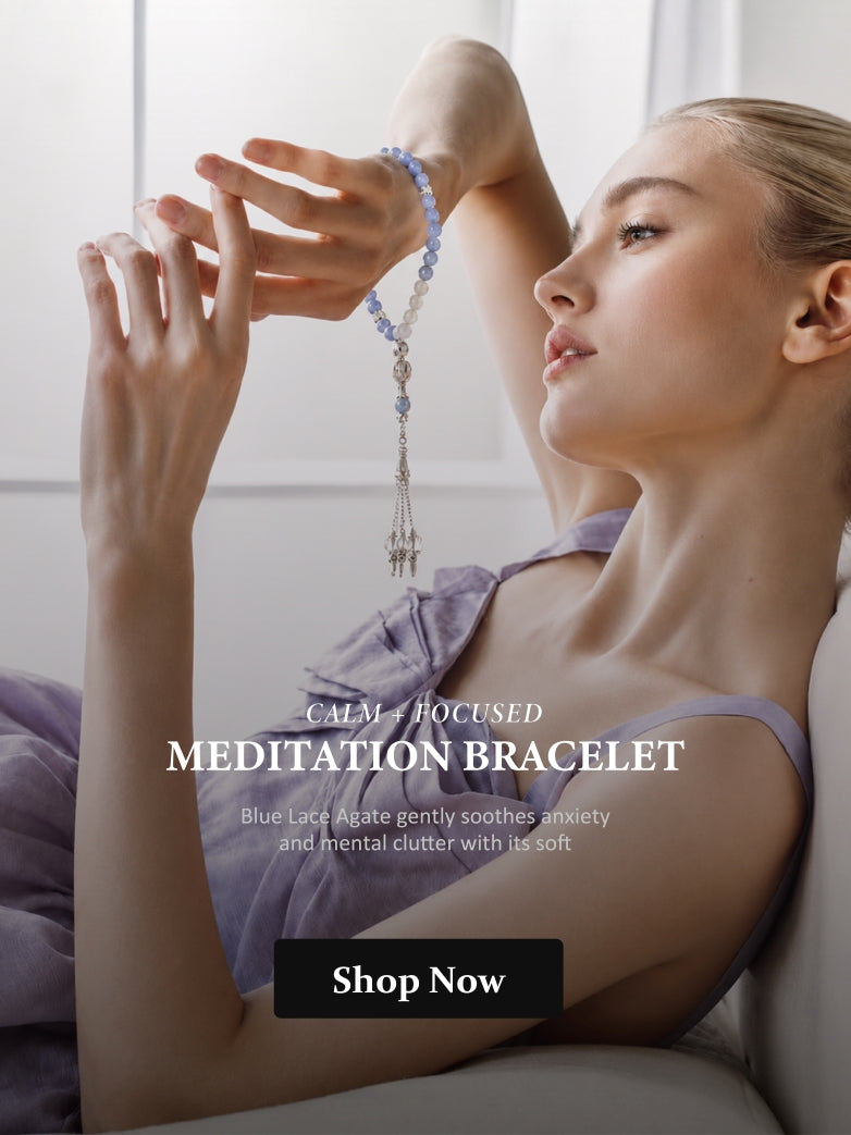 Woman wearing a meditation bracelet with text about its benefits and a 'Shop Now' button.