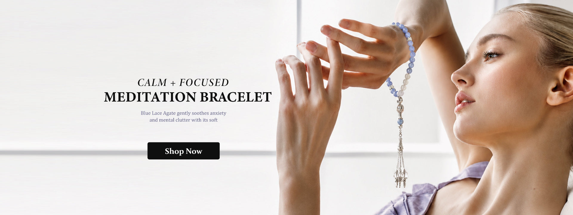 Woman wearing a meditation bracelet with text about the product on a white background