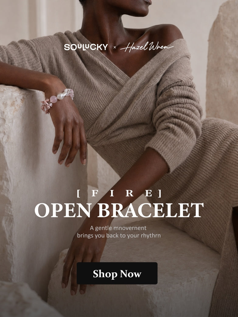 Woman wearing a beige sweater and bracelet with text overlay for a product advertisement.
