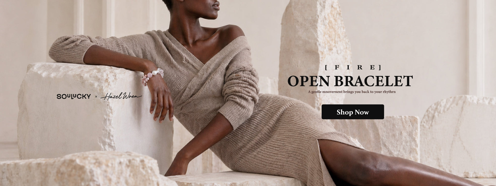 Woman wearing a beige dress and bracelet with text overlay on a neutral background