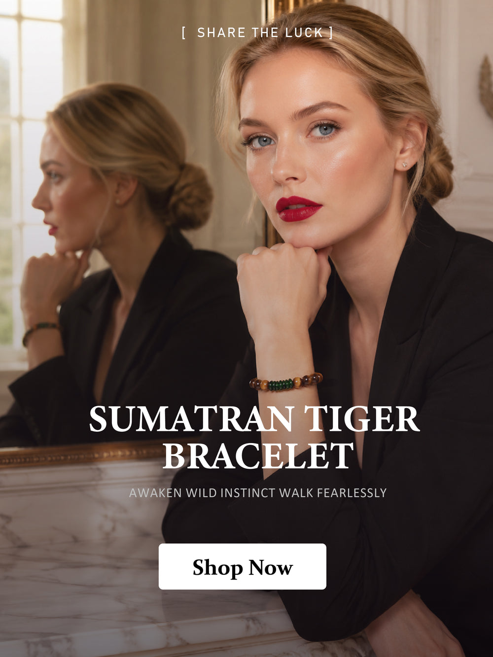 Woman wearing a Sumatran Tiger bracelet with promotional text overlay.