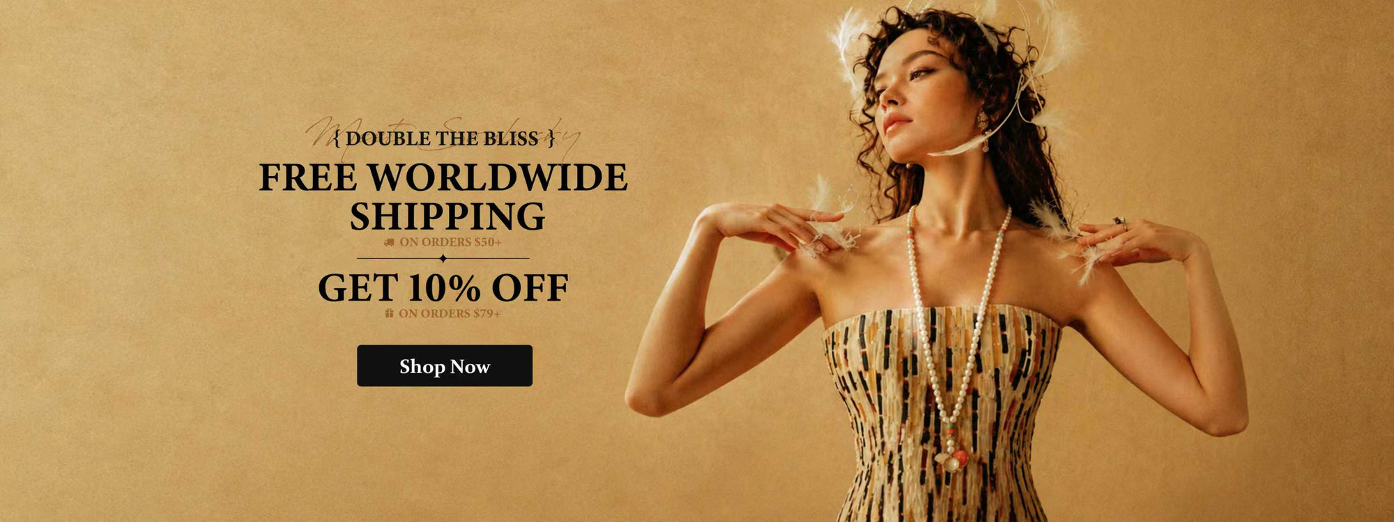 Woman in a stylish dress with promotional text for free worldwide shipping and a discount on a beige background