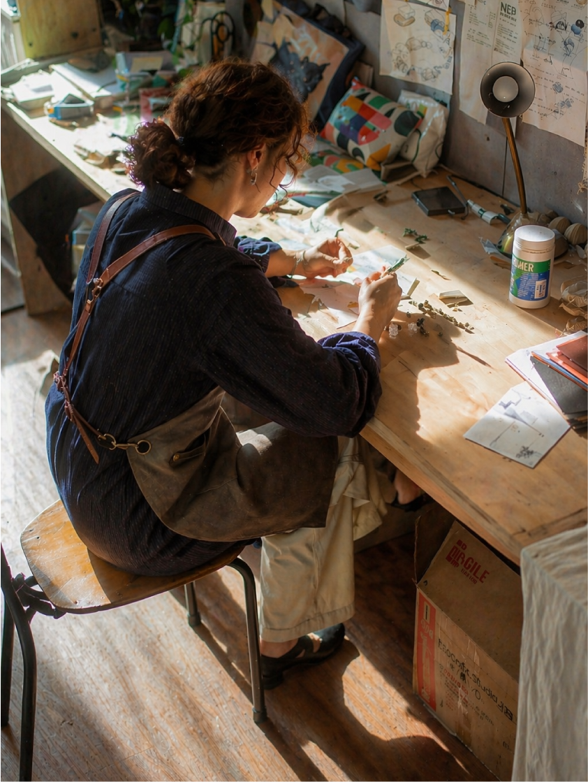 Person sitting at a desk in a workshop or studio, surrounded by various items and tools.