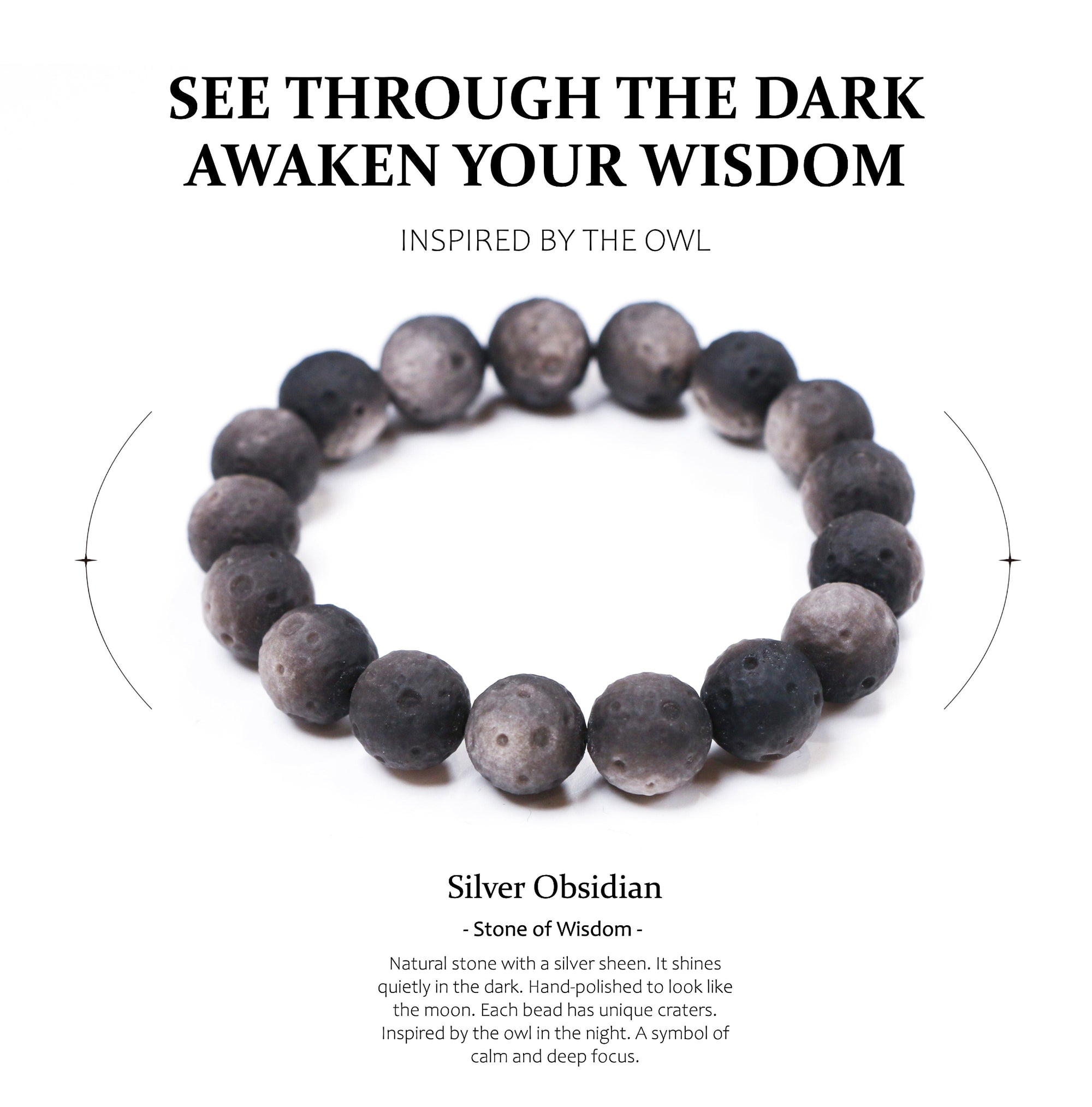 Silver Obsidian bracelet with text about wisdom and calmness on a white background