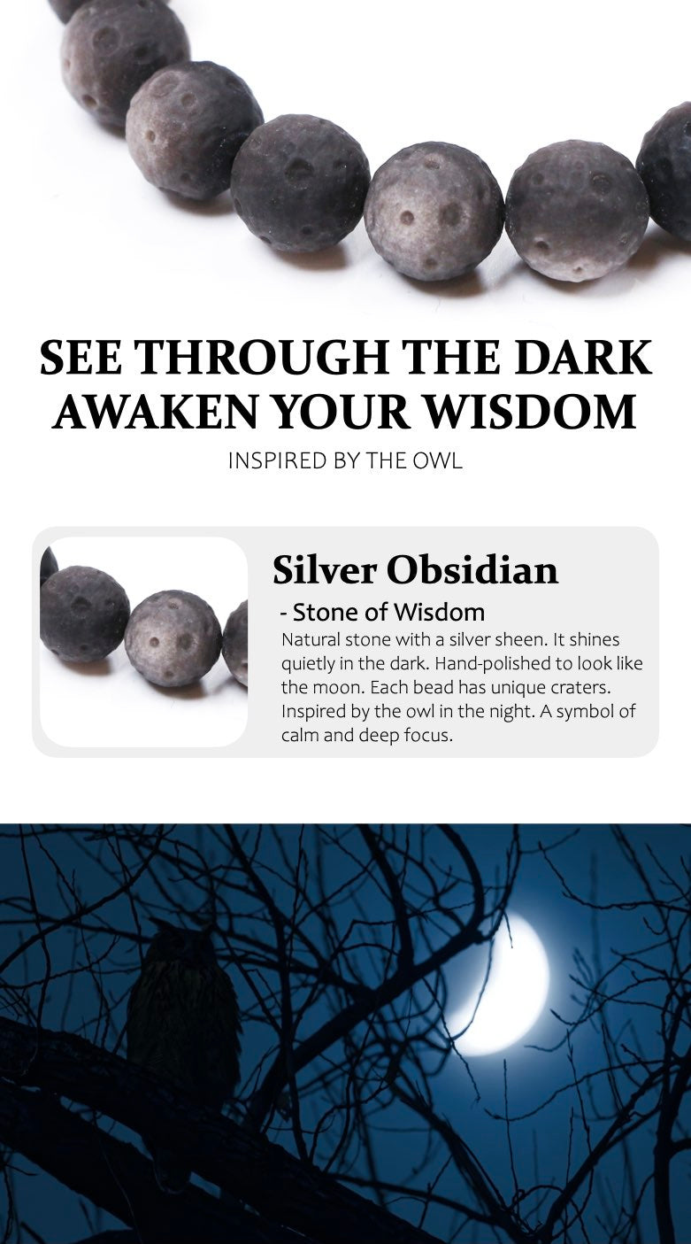 Silver Obsidian stone with text about its properties and inspiration, set against a dark background with an owl.