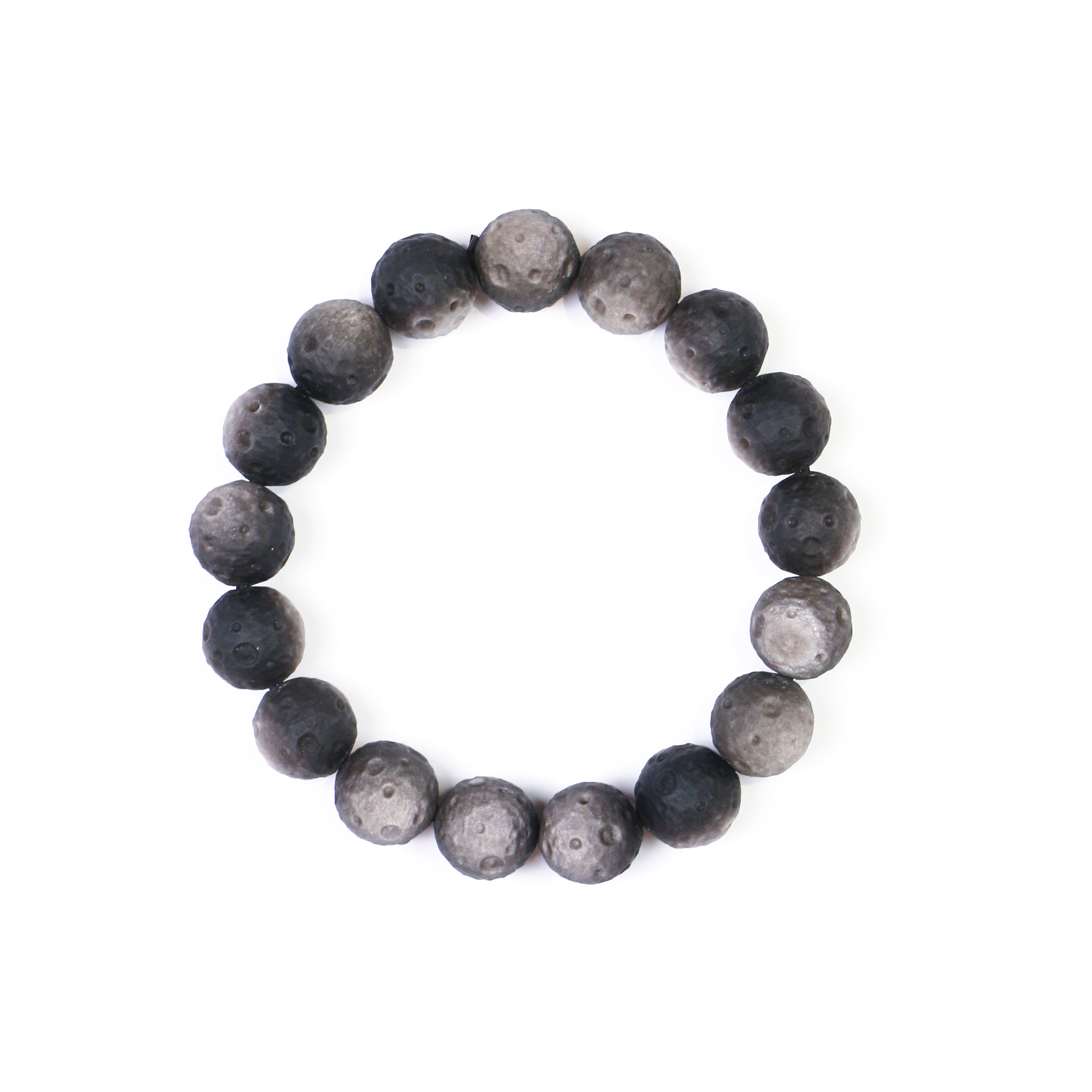 Owl bracelet with 17 silver obsidian lunar crescent beads on white background