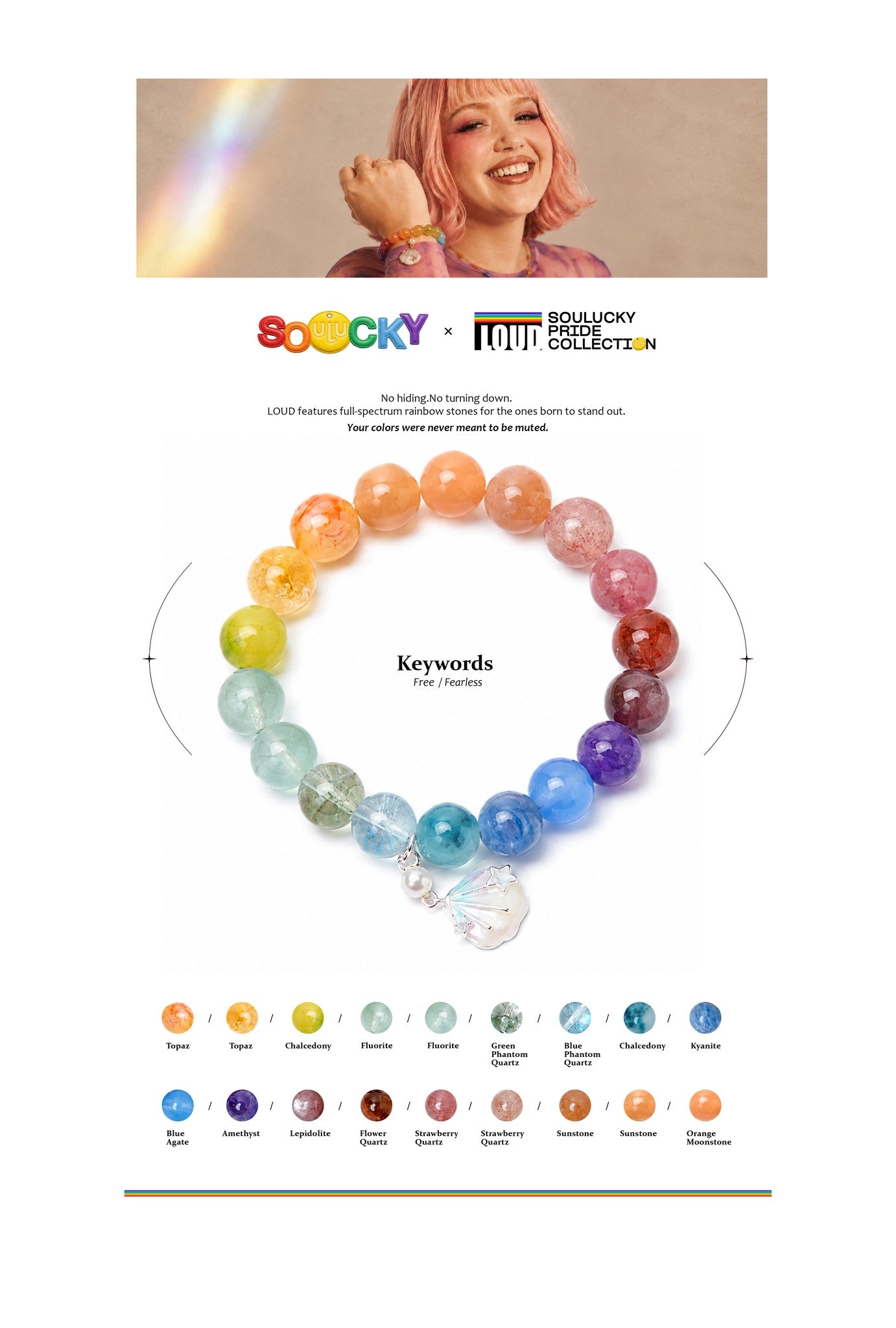 Colorful beaded bracelet with a rainbow effect, featuring the brand 'Soulucky'.