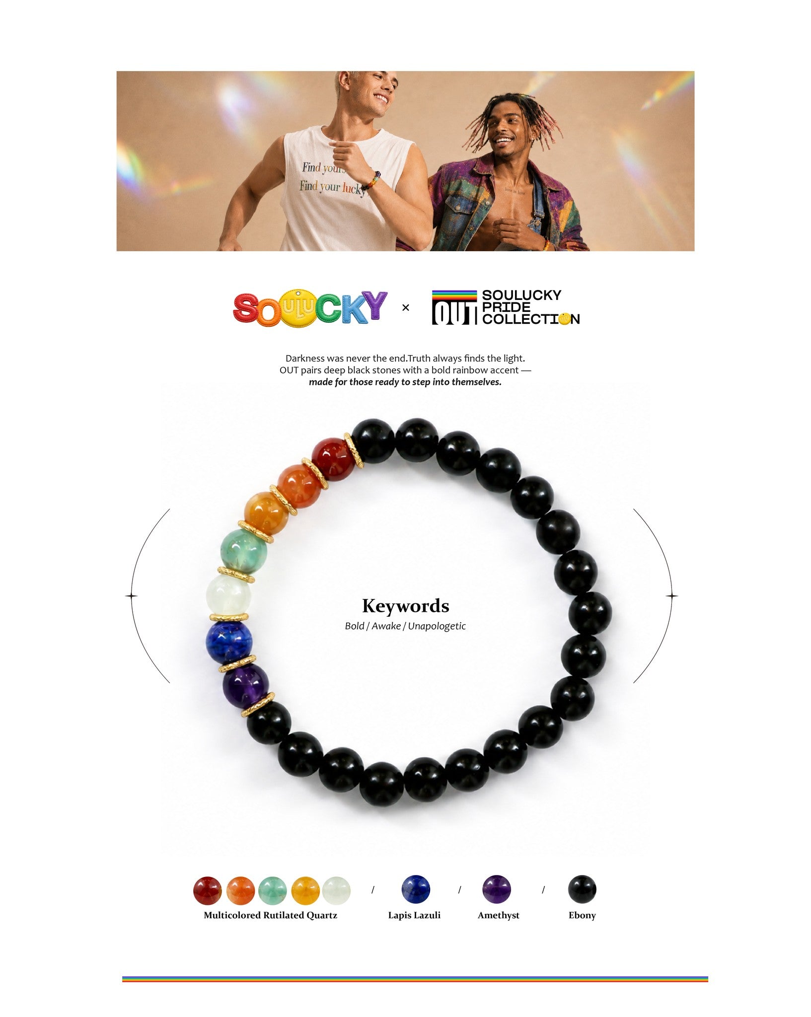 Black beaded bracelet with colored stones on a white background, featuring the brand 'Soulucky'.