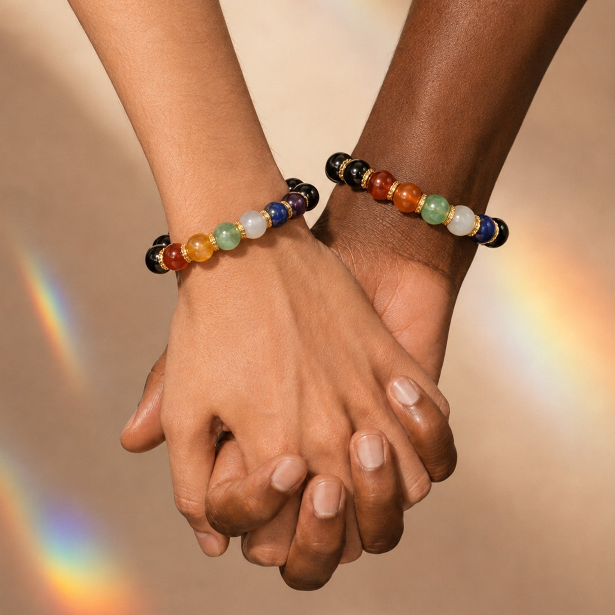 Black beaded bracelet with colored stones on a white background, featuring the brand 'Boulucky'.