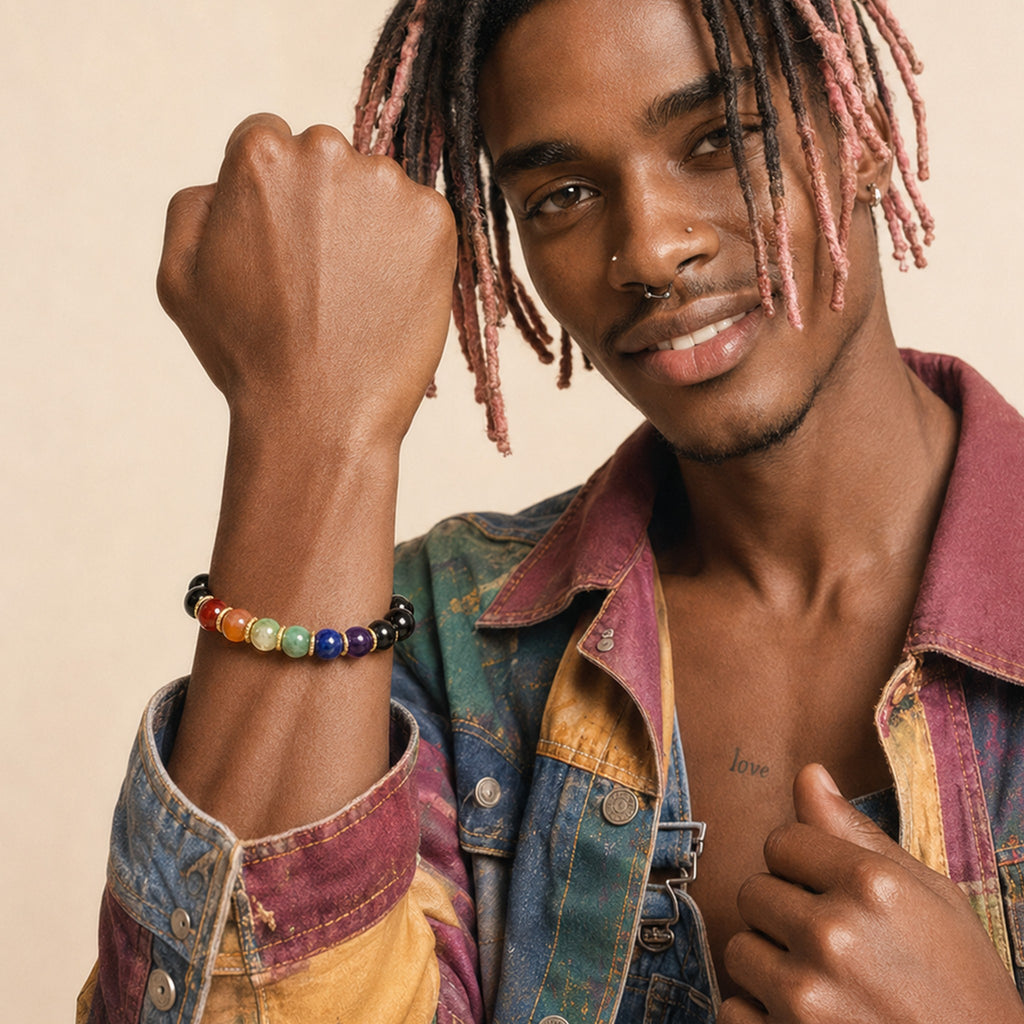 Man wearing a colorful beaded bracelet on a beige background