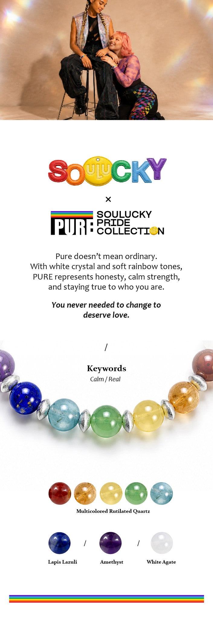Colorful beaded bracelet with text about Soulucky and Sooucky brands on a gradient background.