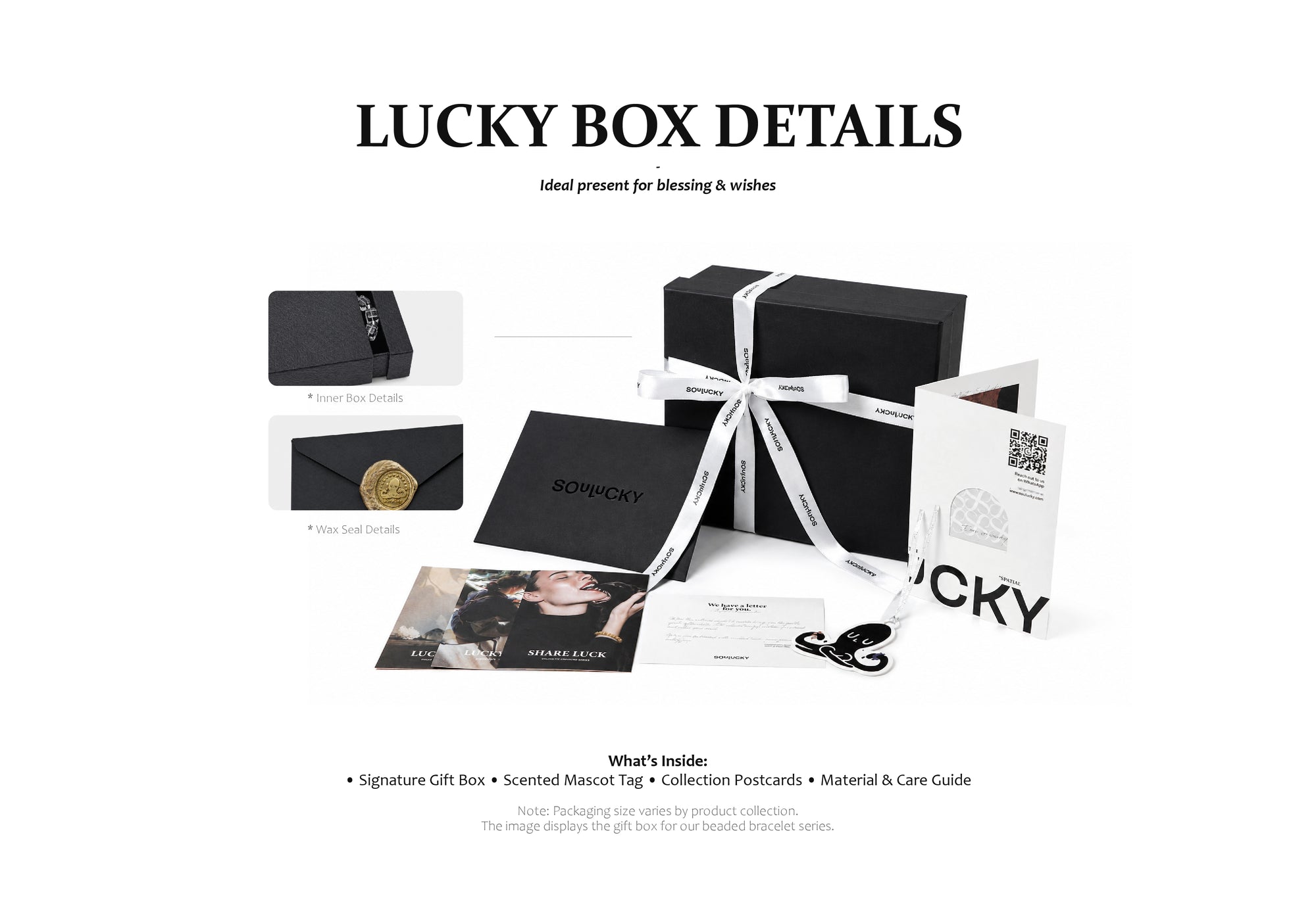 Lucky Box details with black gift box, cards, and accessories on a white background