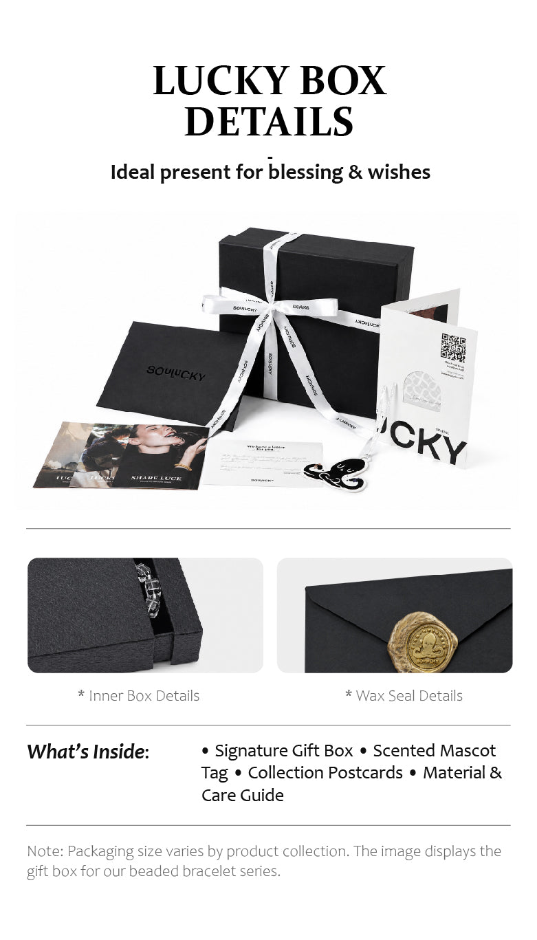 Lucky Box packaging with black box, white ribbon, and promotional materials on a white background.