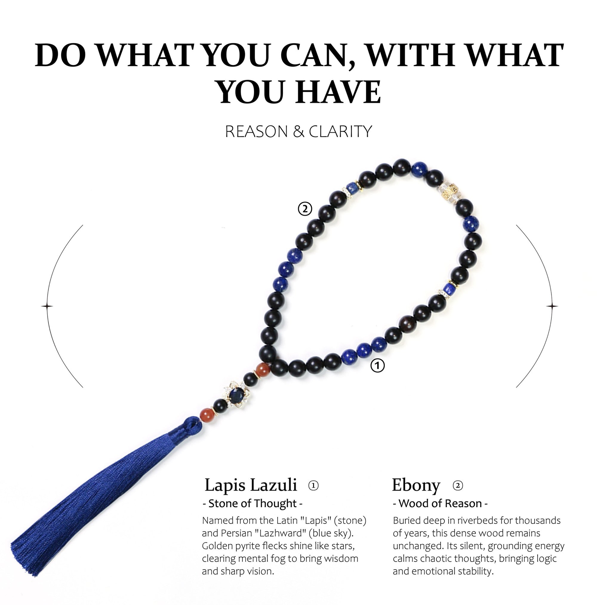 Mala necklace with lapis lazuli and ebony beads on a white background with motivational quote.