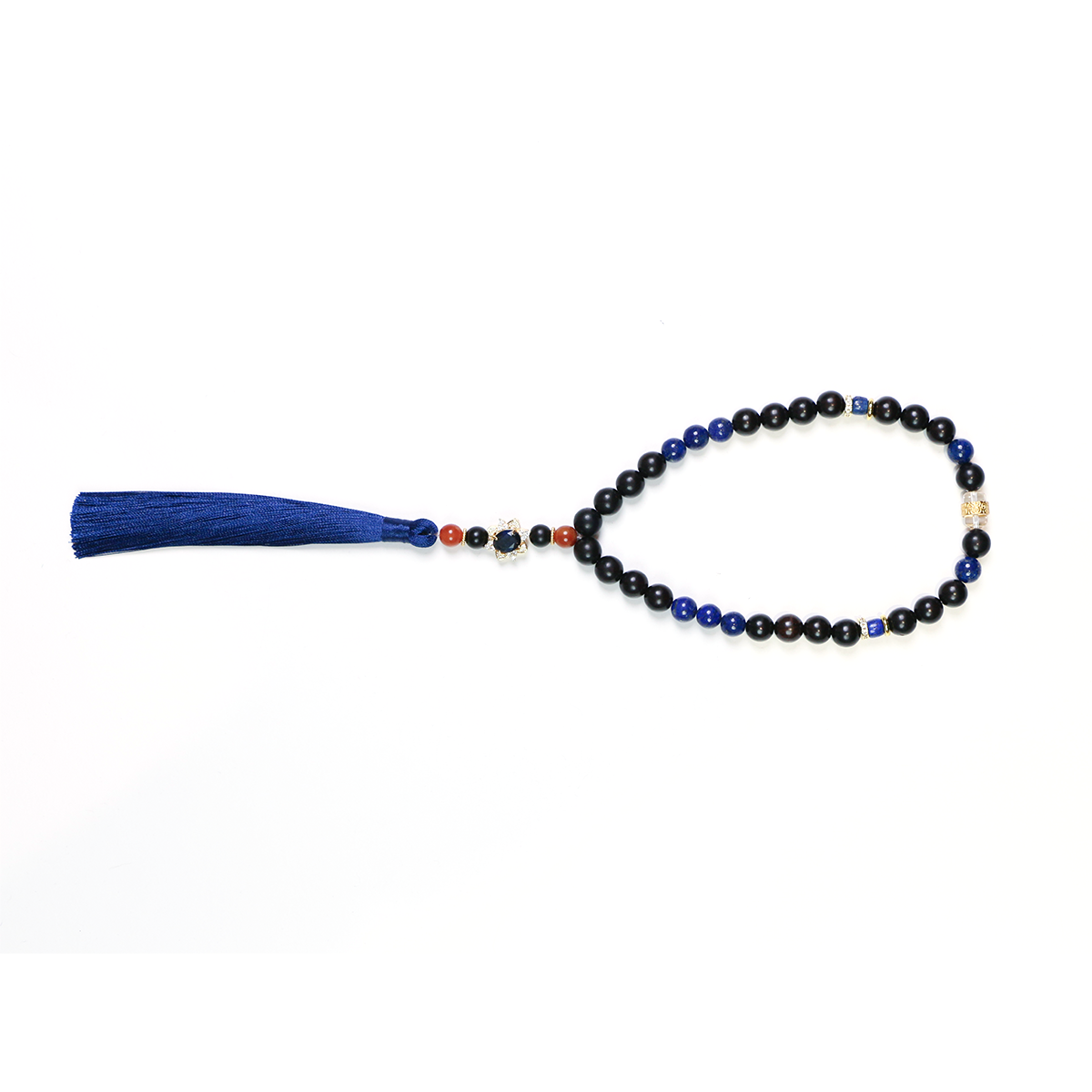 Reason + Clarity meditation bracelet with lapis lazuli and ebony beads on white background