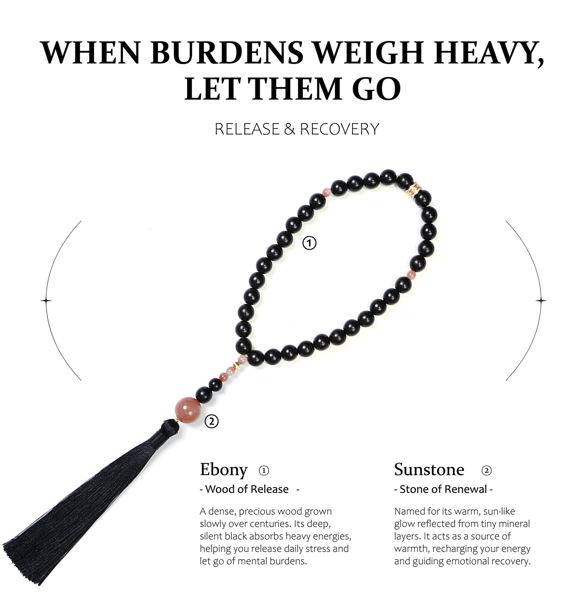 Black beaded necklace with tassel and descriptive text on a white background