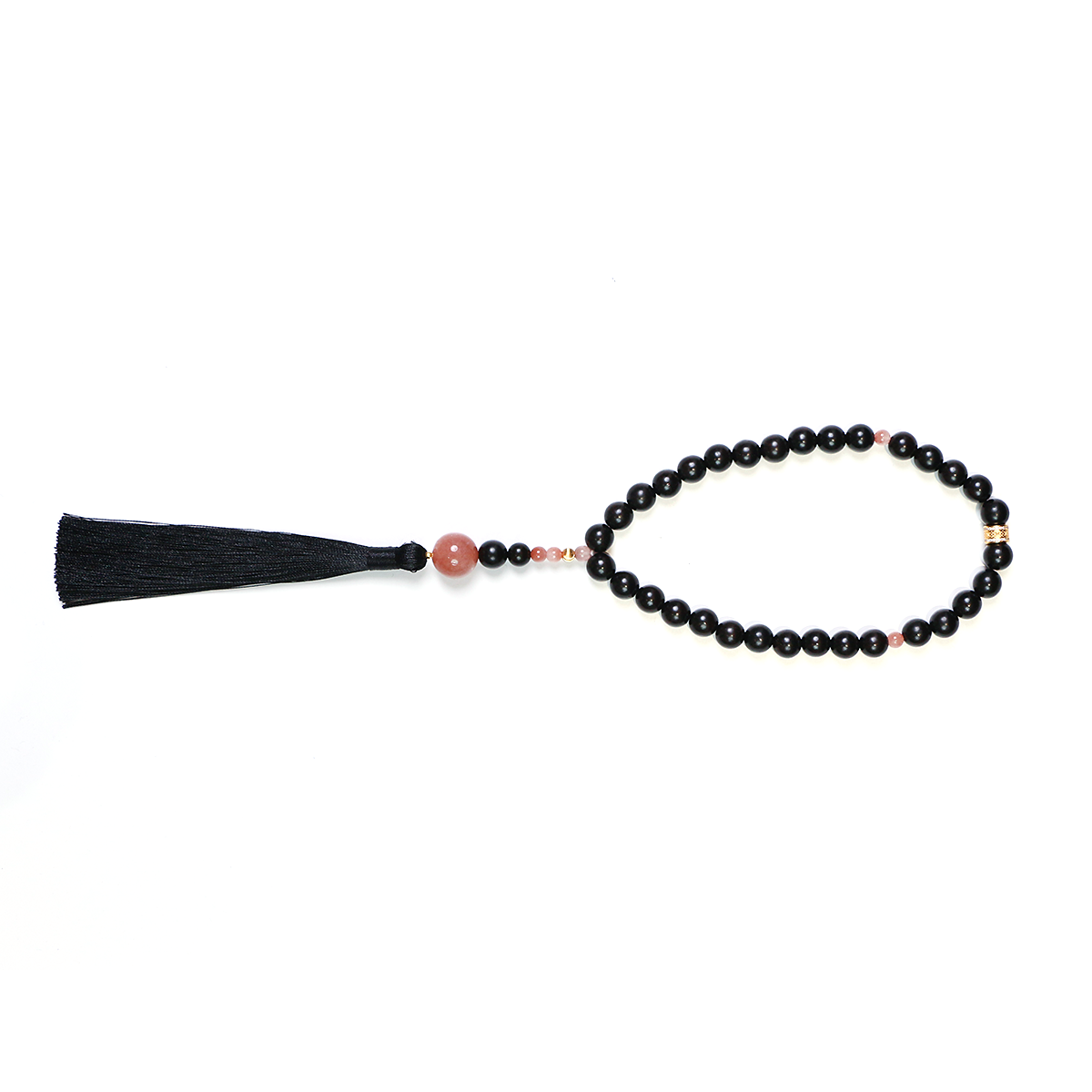 Release + Recovery meditation bracelet with 33 sunstone and ebony beads on white background