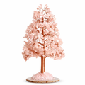 Handcrafted rose quartz crystal tree with pink leaves on copper wire branches, agate base