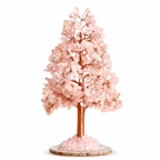 Handcrafted rose quartz crystal tree with pink leaves on copper wire branches, agate base