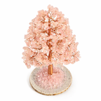 Close-up of rose quartz tree leaves in soft pink tones against light background