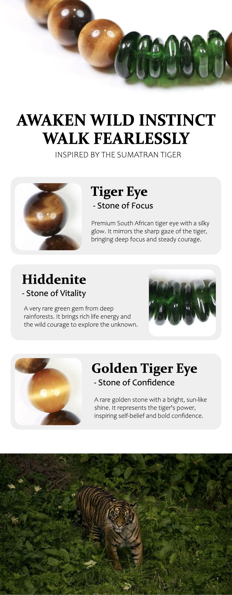 Advertisement for tiger eye and hiddenite stones with images and text on a white background.