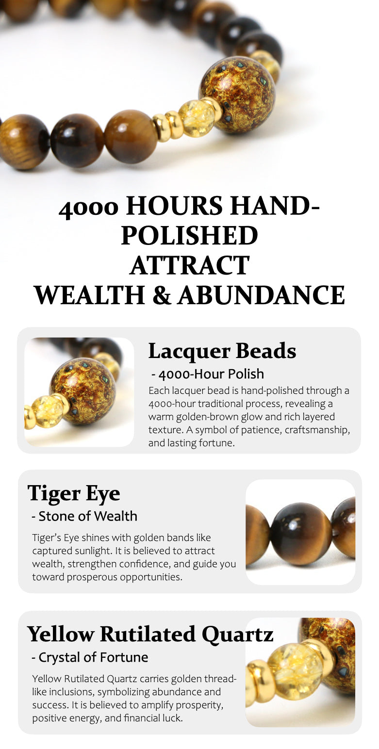 Lacquer beads with Tiger Eye, Yellow Rutile Quartz, and text on a white background