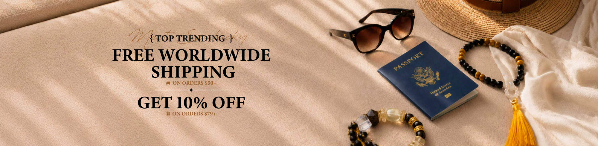 Promotional banner with free worldwide shipping offer on a beige background with travel items.
