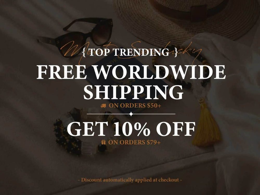 Promotional text for free worldwide shipping and discount on orders with sunglasses and a hat in the background.