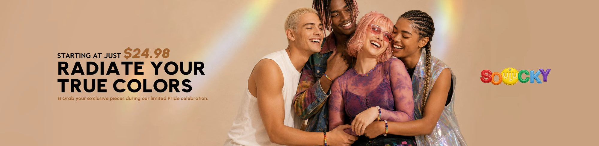 Four people embracing with text about radiating true colors and a colorful logo on a beige background