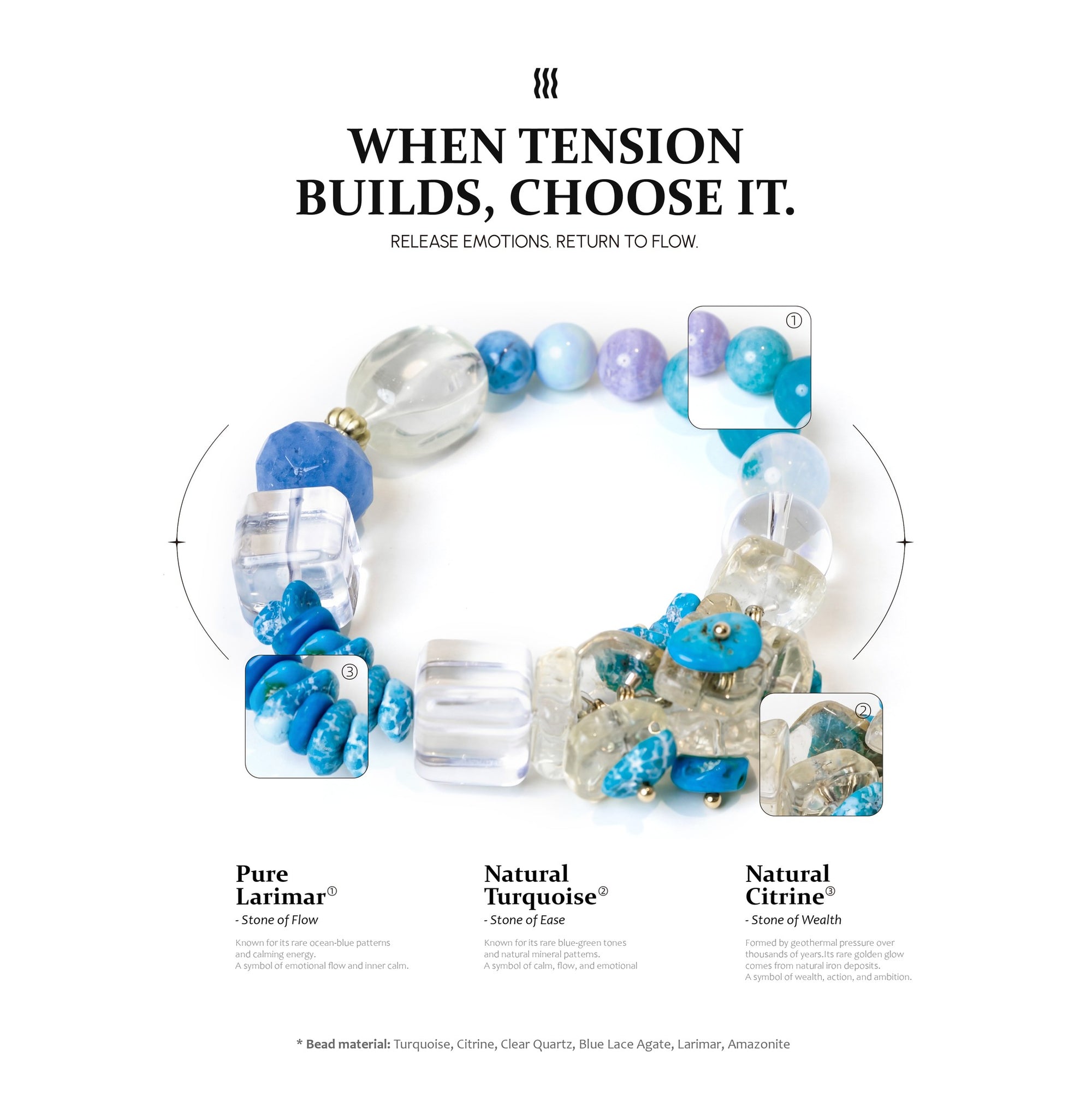 Set of beaded bracelets with blue, clear, and purple beads on a white background.