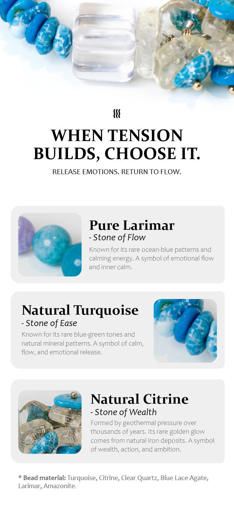 Larimar, turquoise, and citrine stones with descriptive text on a white background