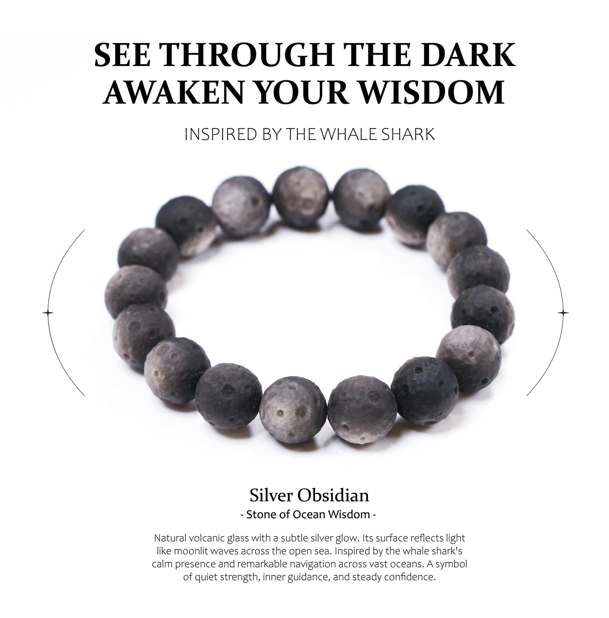 Silver obsidian bracelet with text about its properties and inspiration from the whale shark.