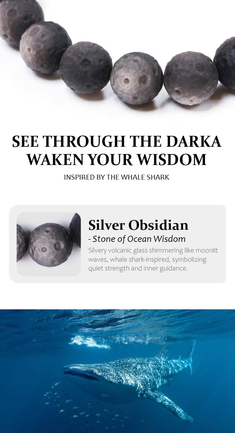 Obsidian stones with text about darka and ocean wisdom, whale shark image below.