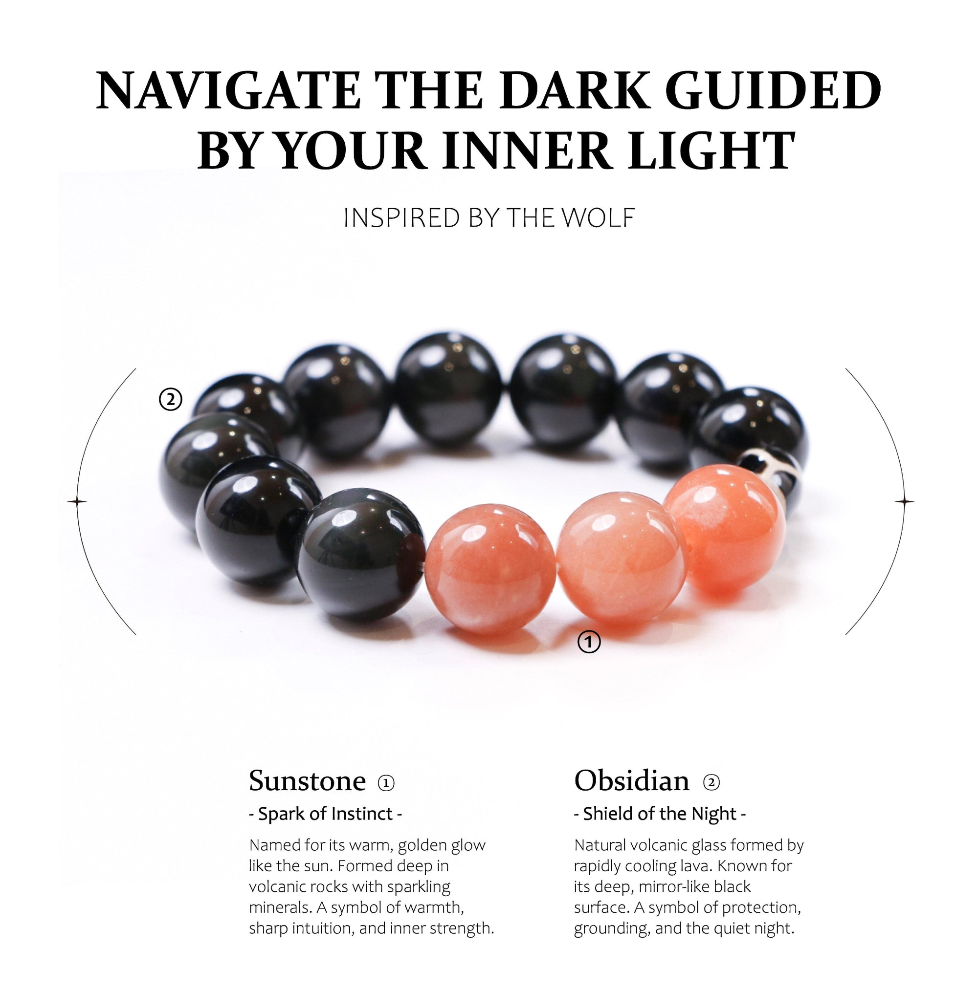 Black and peach beaded bracelet with descriptive text on a white background