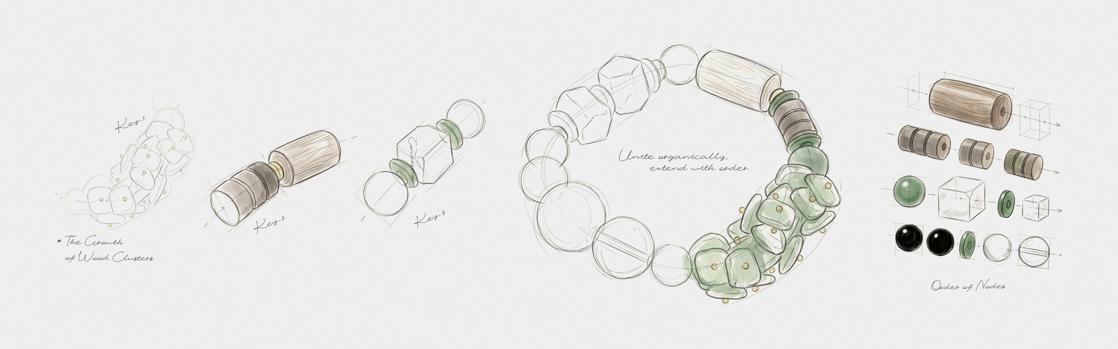 Sketch of the Wood Align Bracelet with various components on a beige background