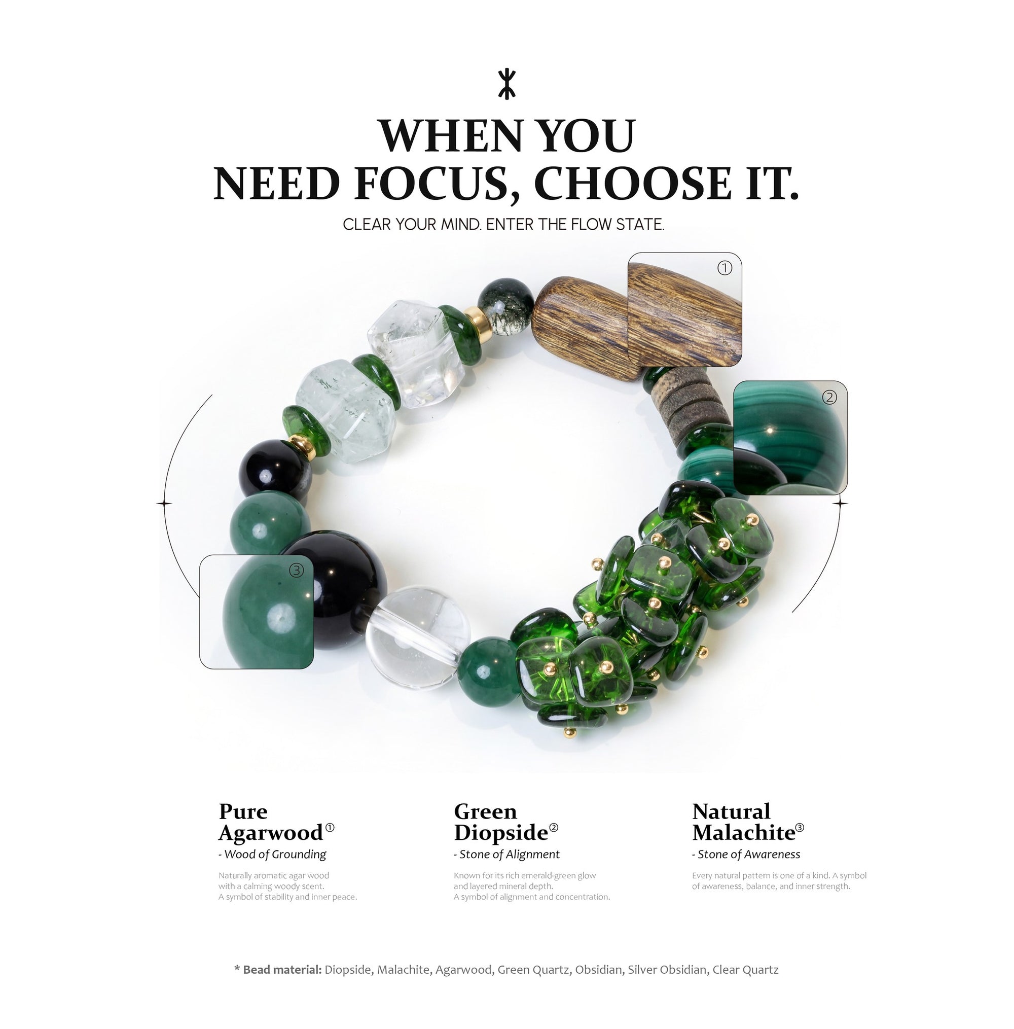 Beaded bracelet with green, black, and natural malachite beads on a white background with text about choosing focus.